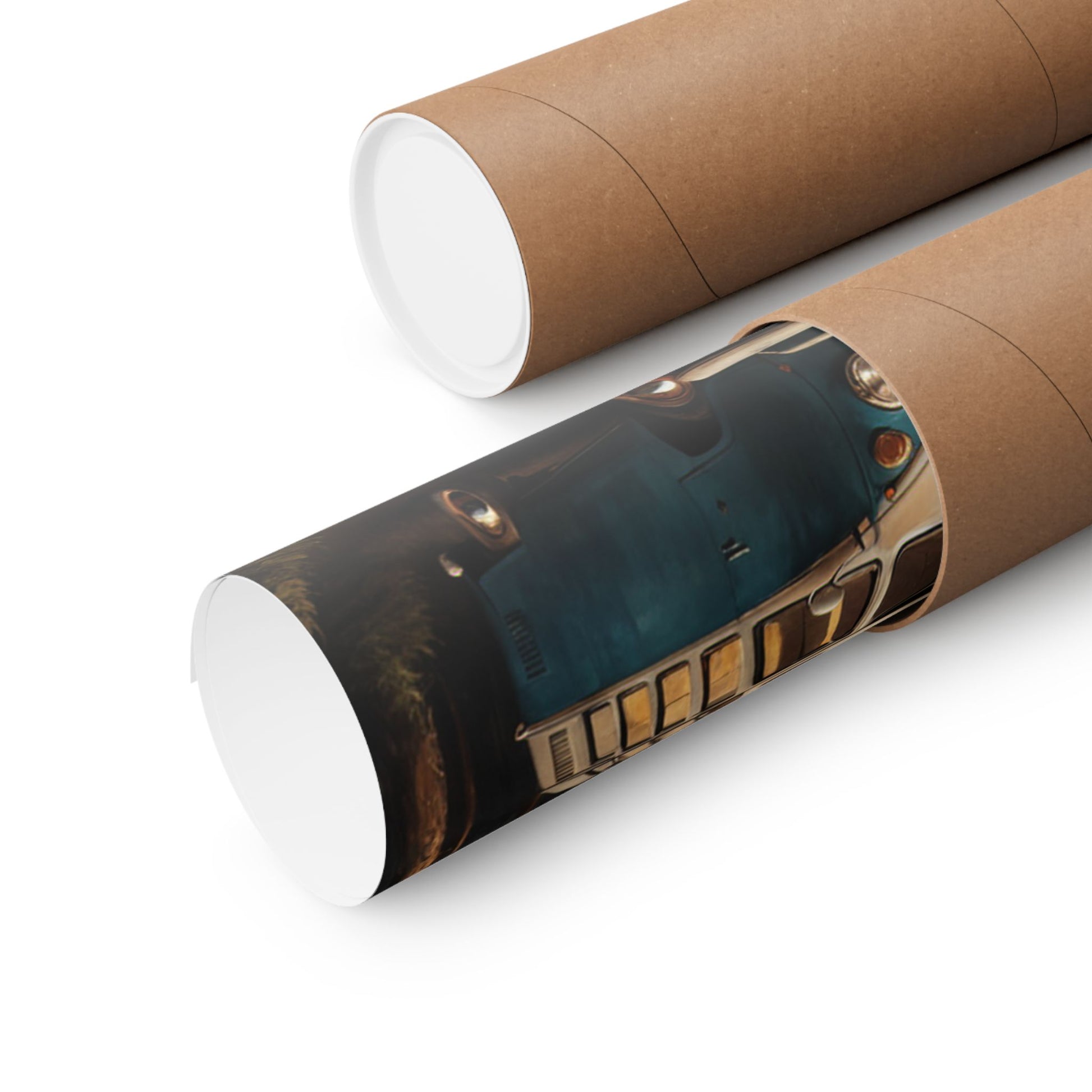 Vintage Camping Art Prints rolled in a protective tube, showcasing retro camper designs