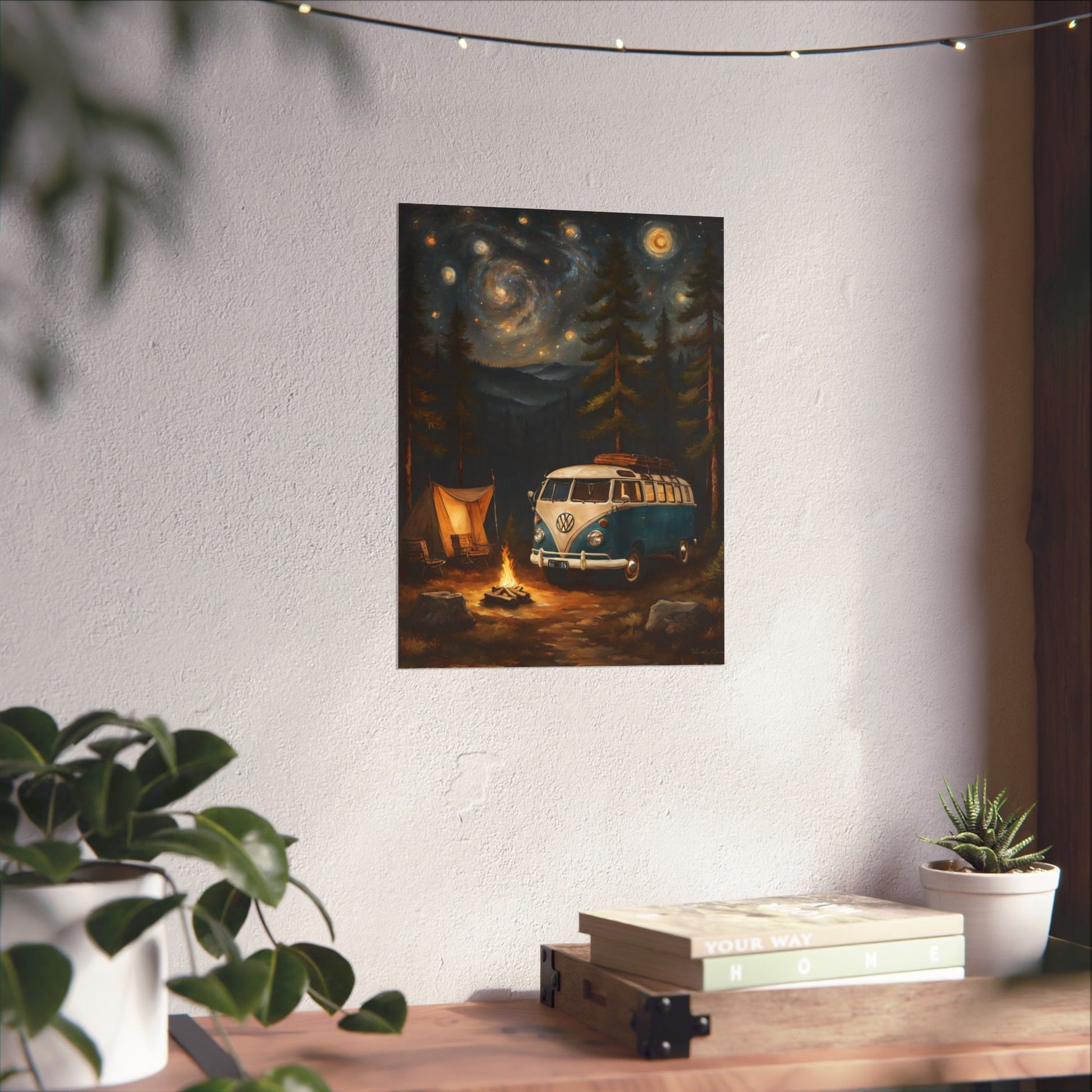 Vintage Camping Art Prints featuring a retro van and tent under a starry sky for cozy decor