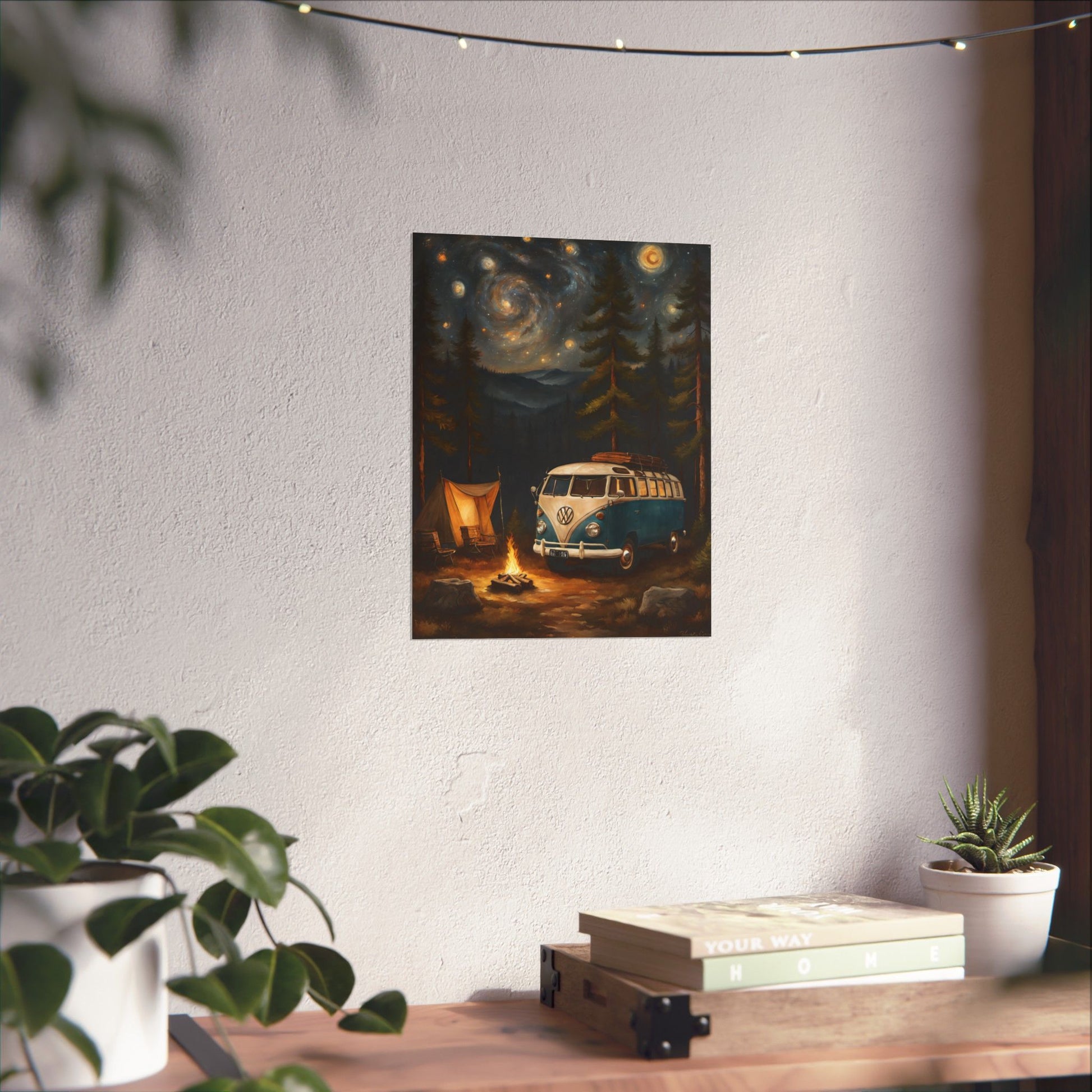 Vintage Camping Art Prints featuring a blue van and tent under a starry sky in a cozy setting