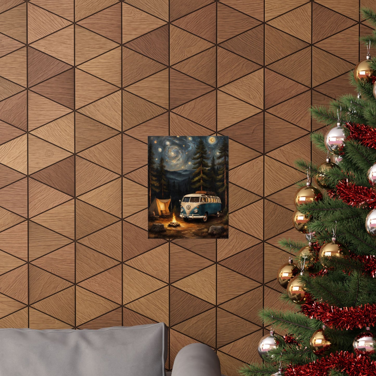 Vintage Camping Art Prints featuring a classic camper van under a starry night sky