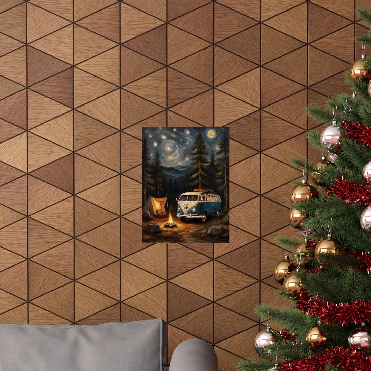 Vintage Camping Art Prints featuring a camper under a starry night backdrop with trees and a campfire