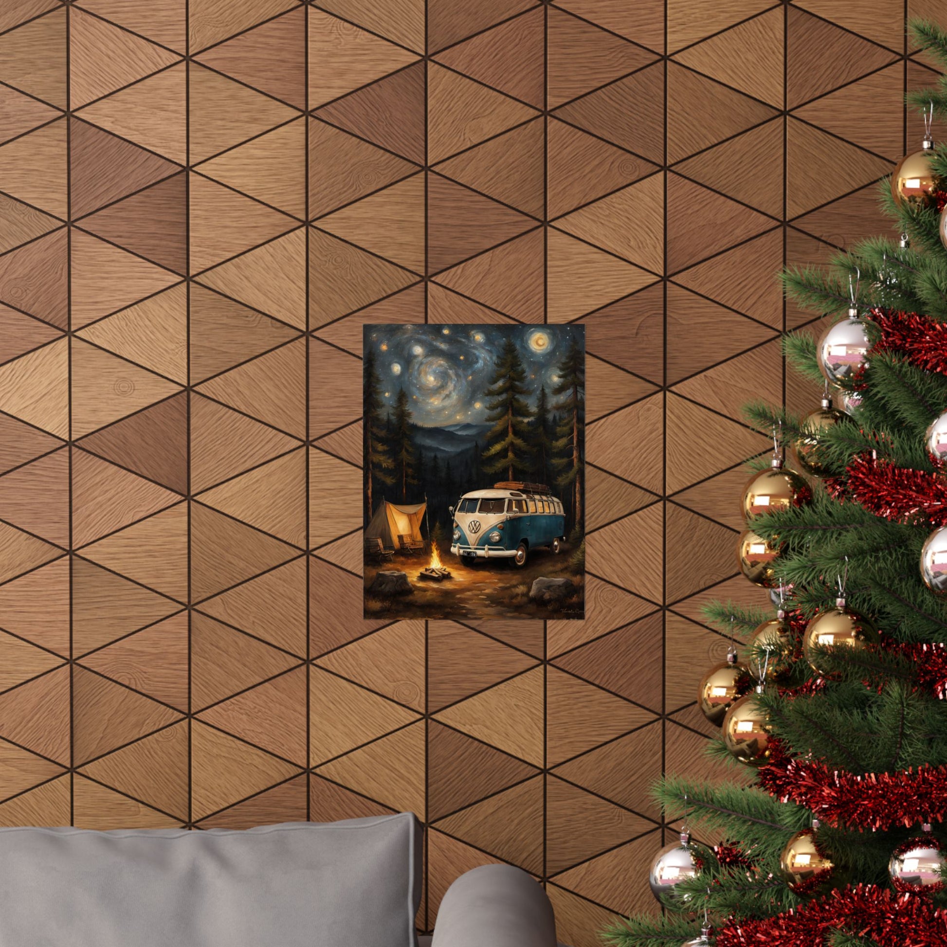 Vintage Camping Art Prints featuring a camper under a starry night backdrop with trees and a campfire