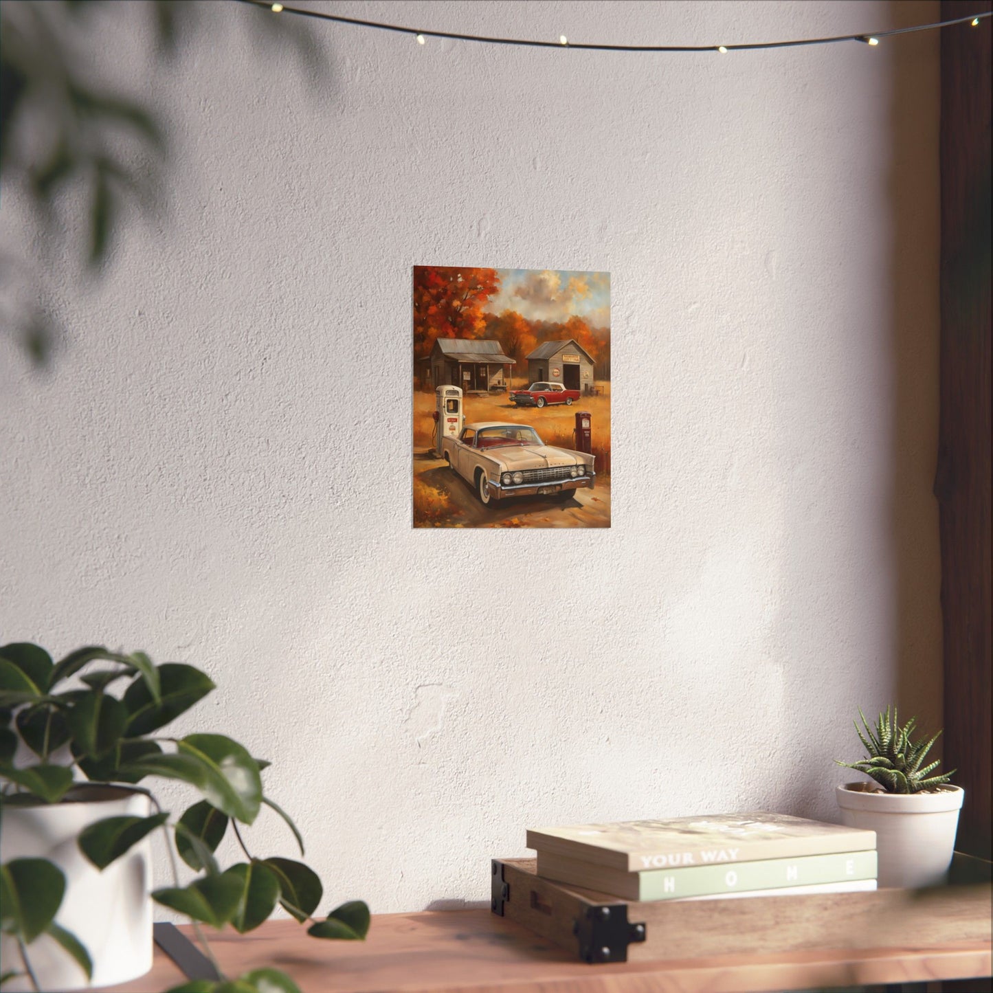 Vintage Car Adventure Matte Vertical Posters showcasing a classic car and a retro gas station scene