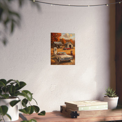 Vintage Car Adventure Matte Vertical Posters showcasing a classic car and a retro gas station scene