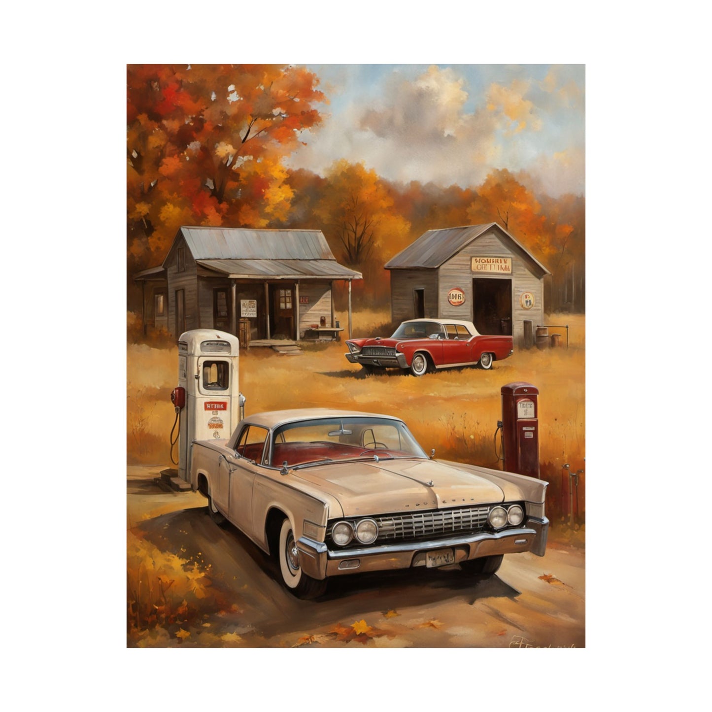Vintage Car Adventure Matte Vertical Posters featuring classic cars at a retro gas station