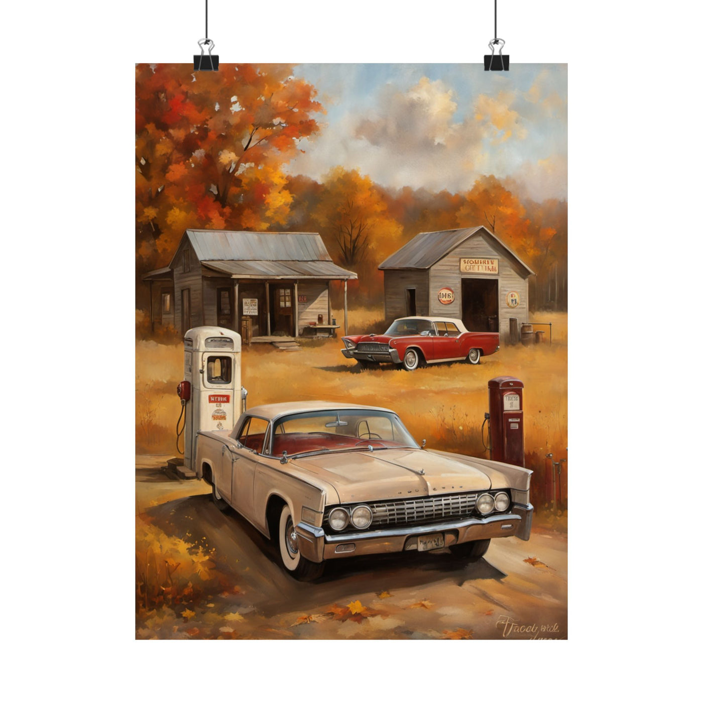 Vintage Car Adventure Matte Vertical Posters featuring classic cars at a nostalgic gas station in autumn
