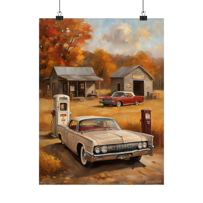 Vintage Car Adventure Matte Vertical Posters featuring classic cars at a nostalgic gas station in autumn