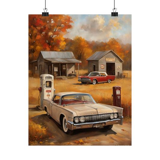 Vintage Car Adventure Matte Vertical Posters featuring classic cars at a rustic gas station in autumn