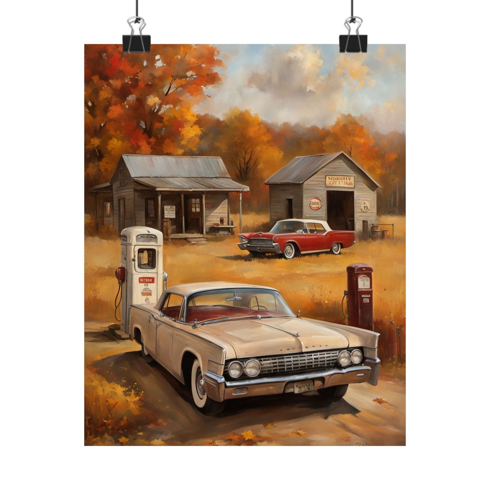 Vintage Car Adventure Matte Vertical Posters featuring classic cars at an autumn gas station scene
