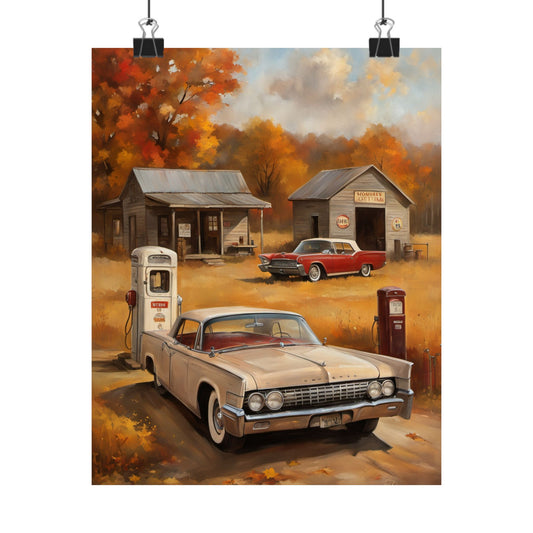 Vintage Car Adventure Matte Vertical Posters featuring classic cars at an autumn gas station scene