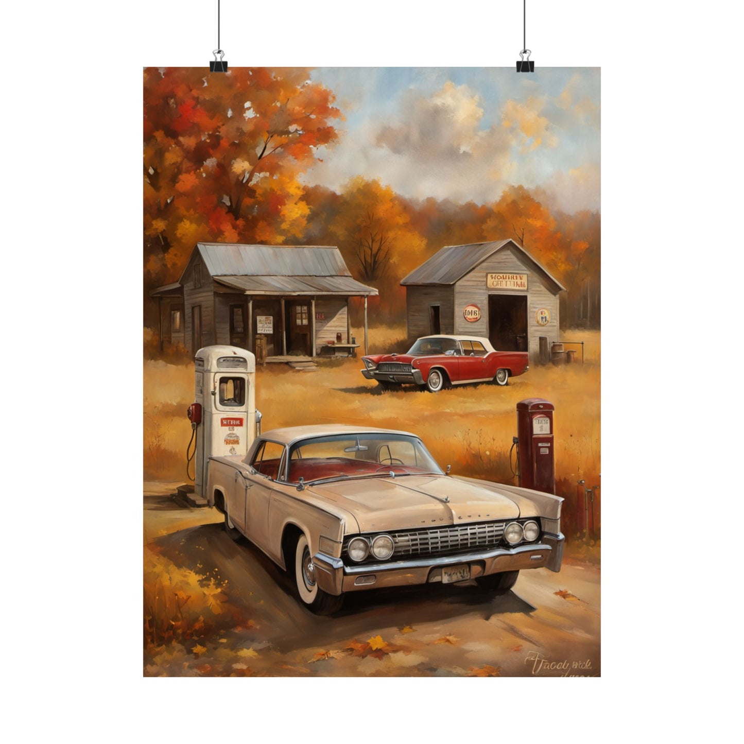 Vintage Car Adventure Matte Vertical Posters featuring classic cars at a nostalgic gas station in autumn.