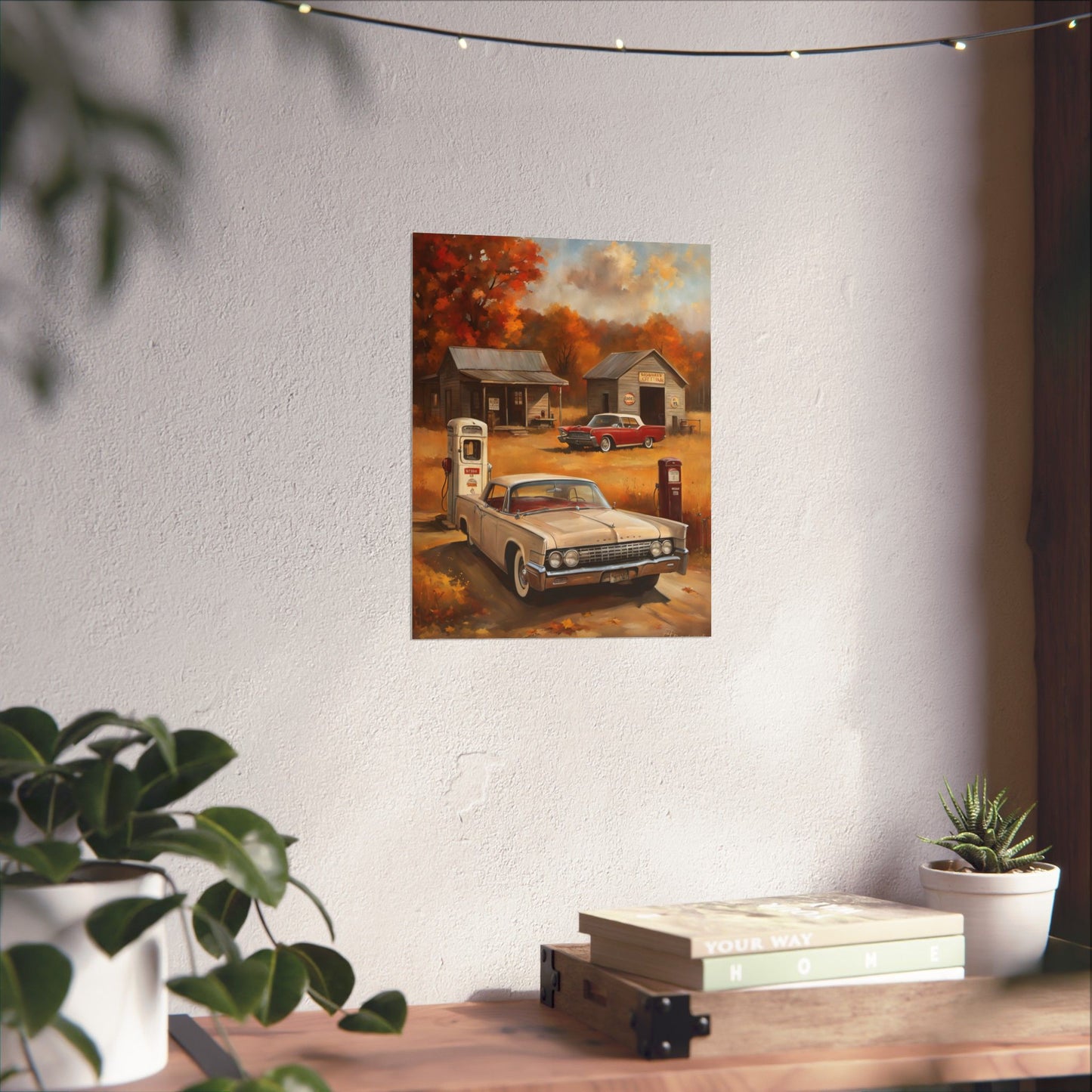 Vintage Car Adventure Matte Vertical Posters featuring a classic car at a rustic gas station