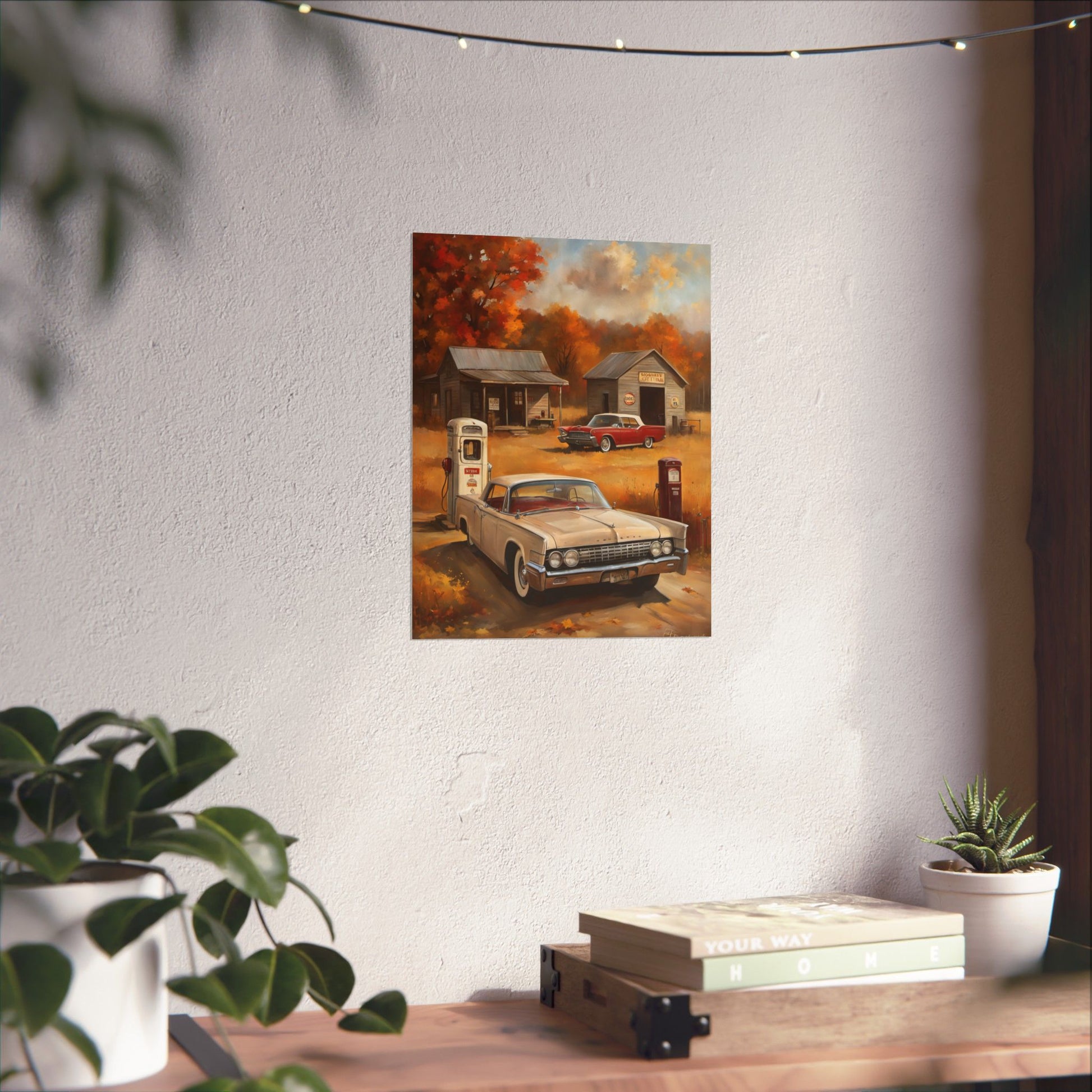 Vintage Car Adventure Matte Vertical Posters featuring a classic car at a rustic gas station