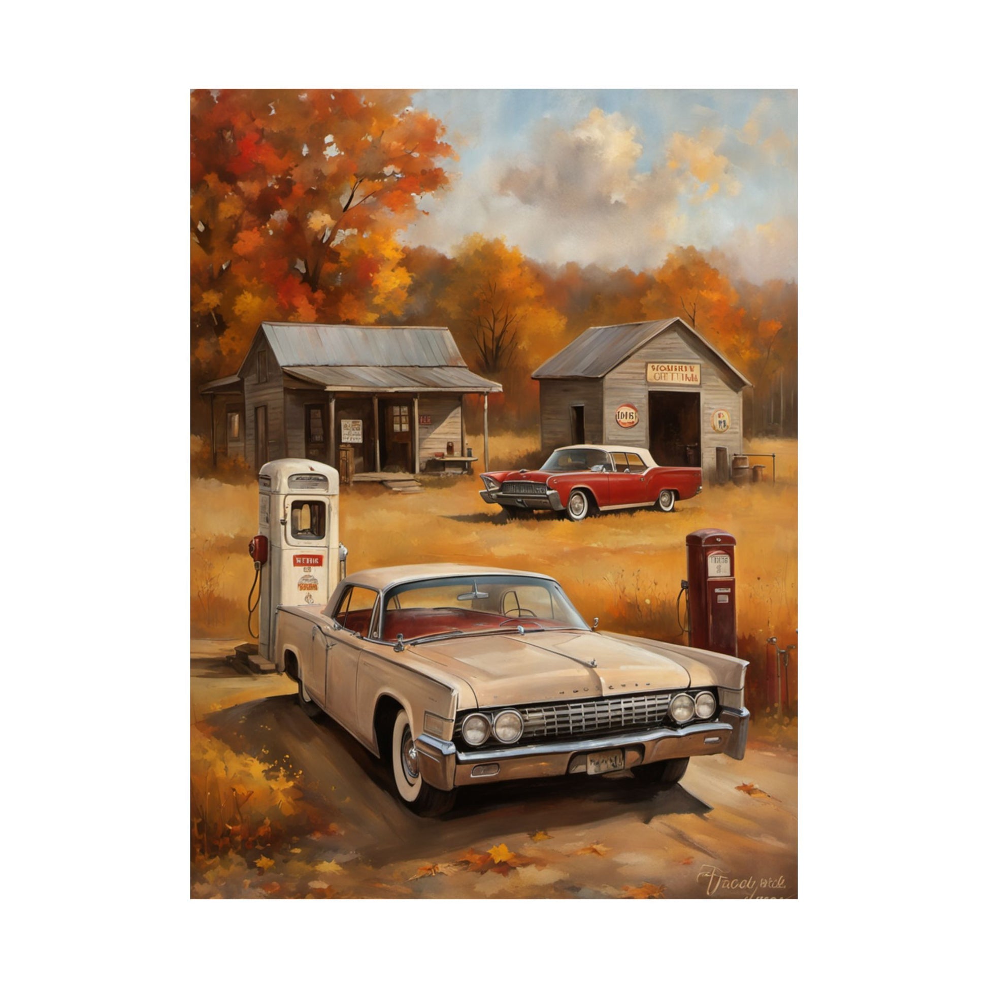 Vintage Car Adventure Matte Vertical Posters featuring classic cars at a gas station in autumn setting