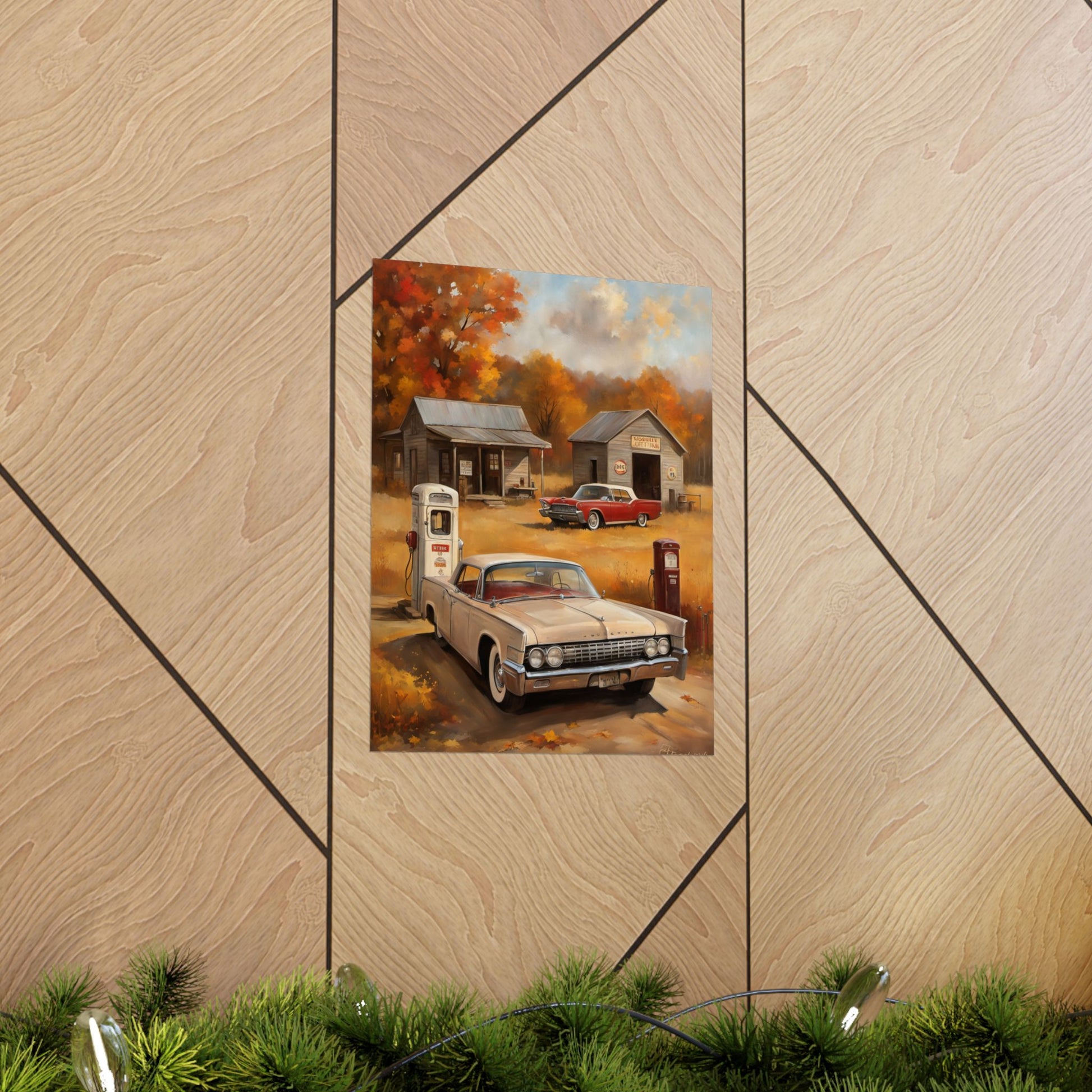 Vintage Car Adventure Matte Vertical Posters featuring classic cars and retro gas pumps in a scenic autumn setting