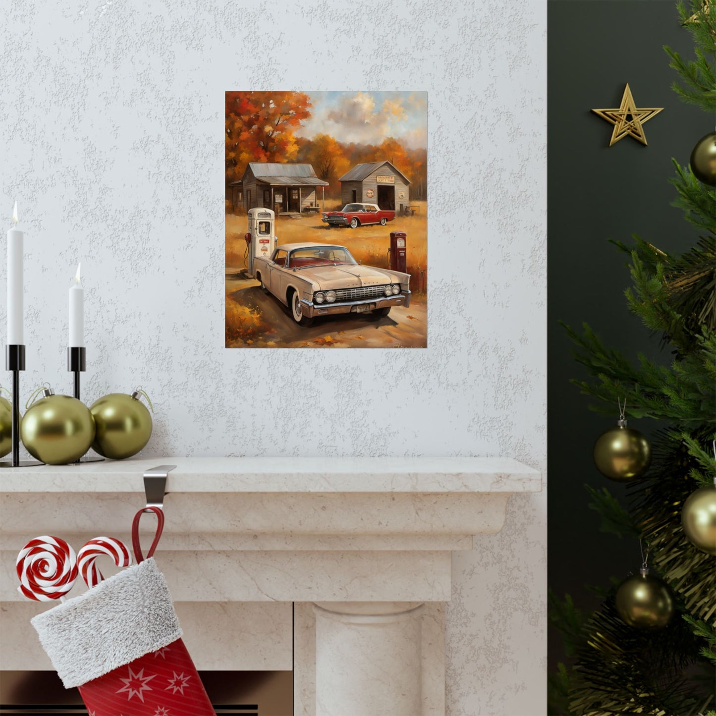 Vintage Car Adventure Matte Vertical Posters featuring a classic car at a nostalgic gas station
