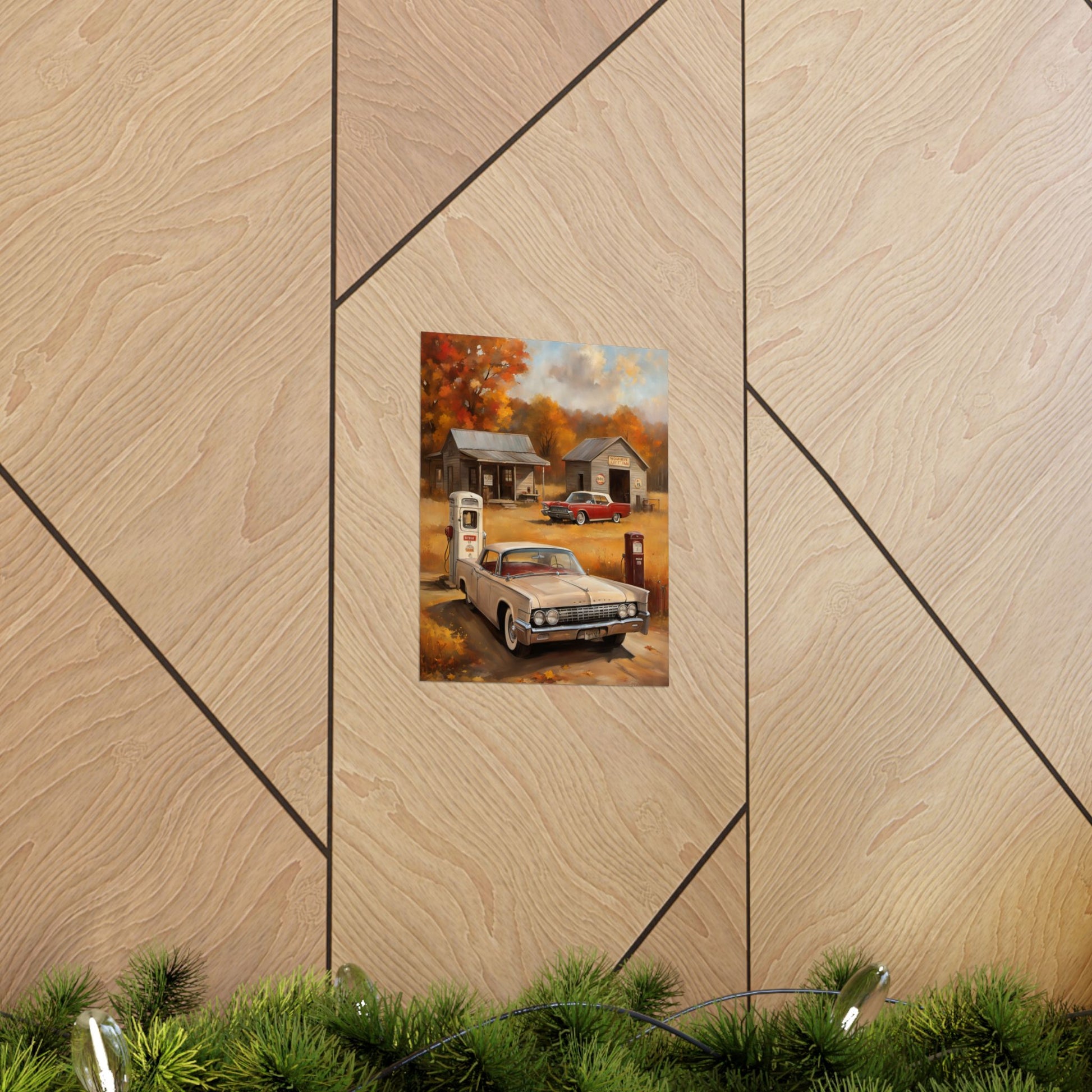 Vintage Car Adventure Matte Vertical Posters featuring a classic car at a retro gas station