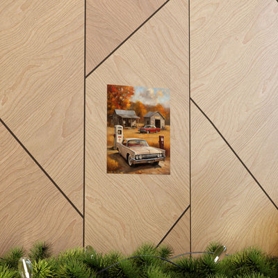 Vintage Car Adventure Matte Vertical Posters featuring a classic car at a retro gas station