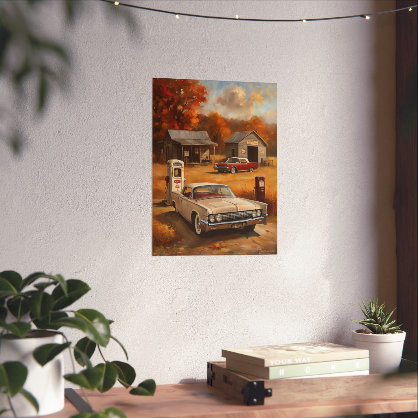 Vintage Car Adventure Matte Vertical Posters featuring a classic car scene with autumn colors