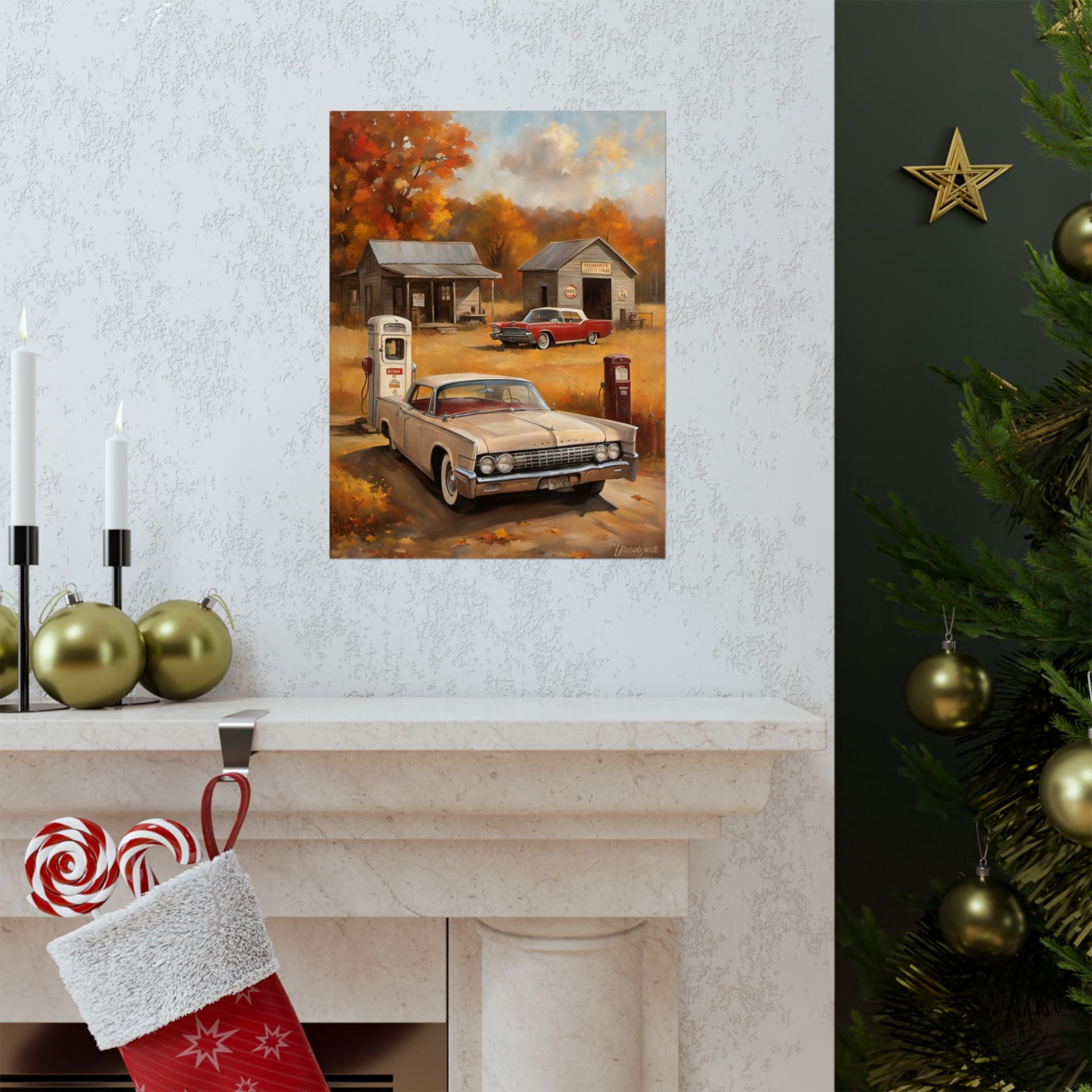 Vintage Car Adventure Matte Vertical Posters featuring a classic car at a vintage gas station in fall setting