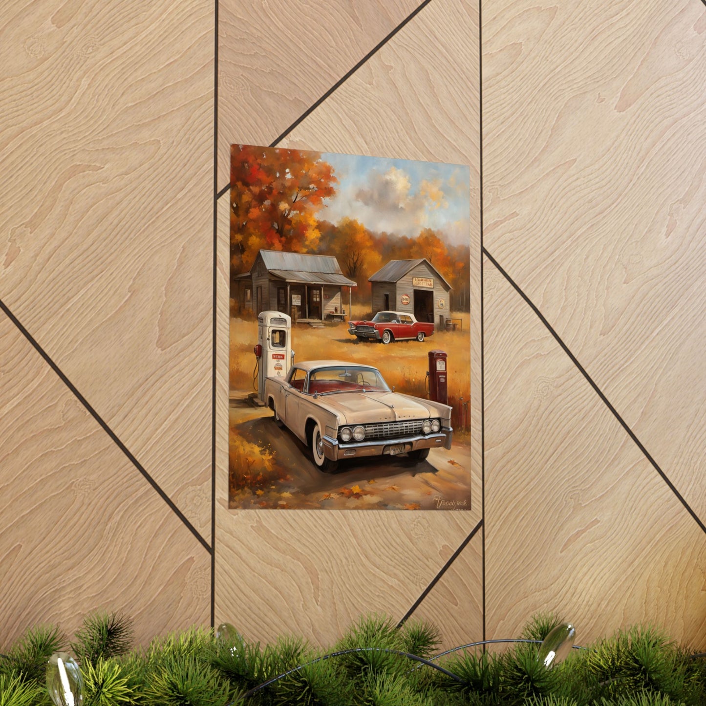 Vintage Car Adventure Matte Vertical Posters featuring classic cars at an old gas station