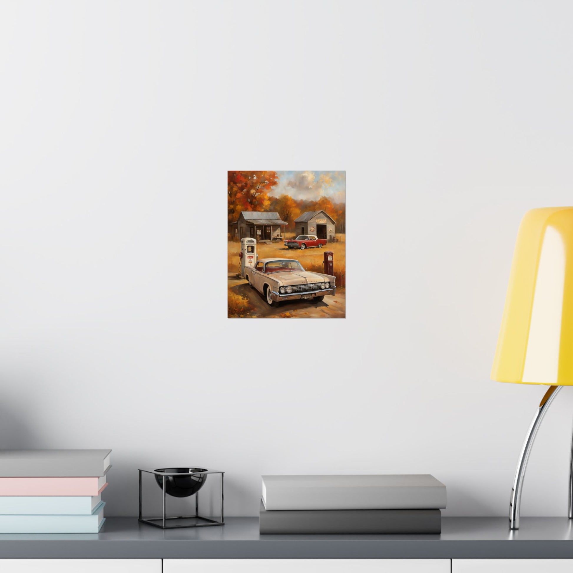 Vintage Car Adventure Matte Vertical Posters showcasing a classic car at a rustic gas station