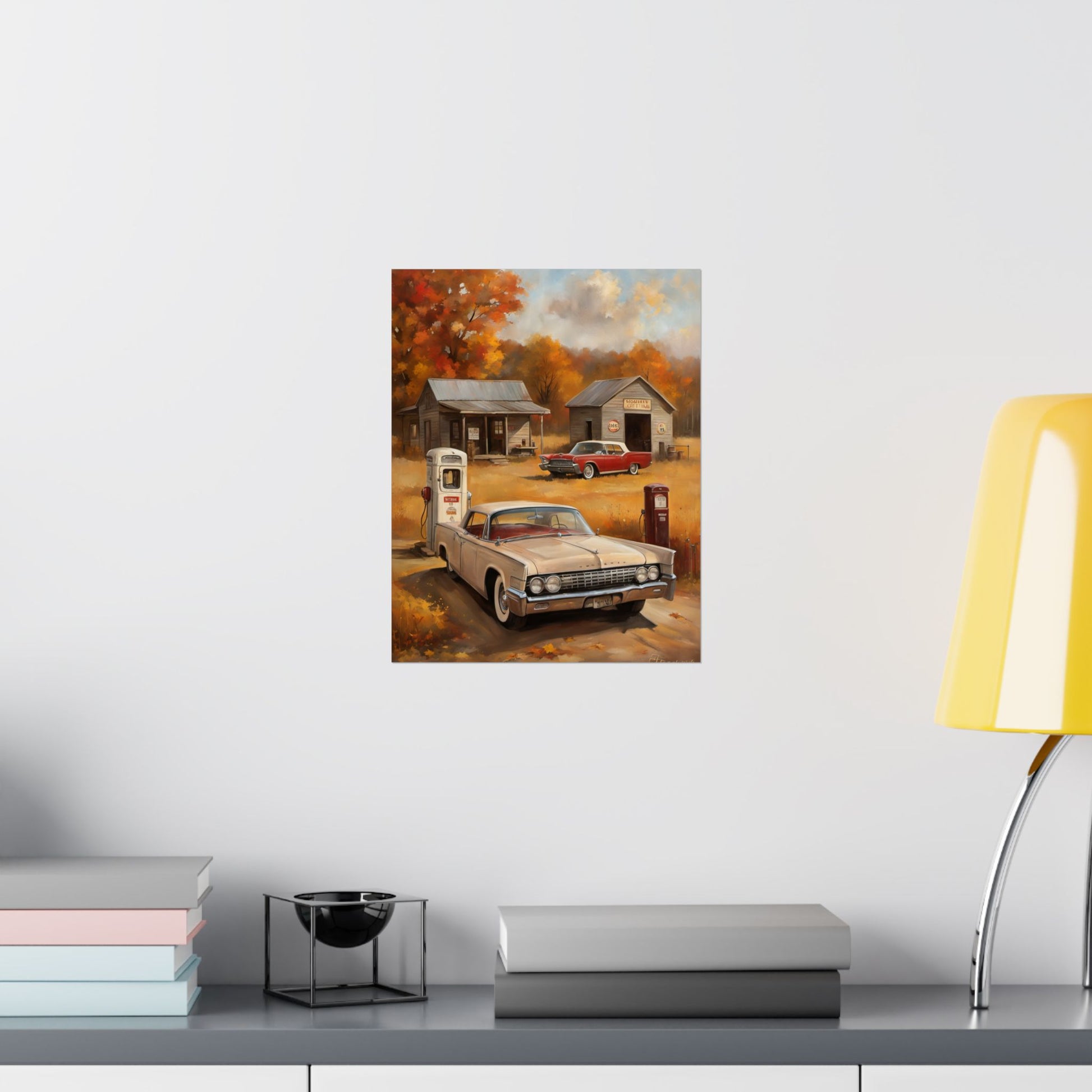 Vintage Car Adventure Matte Vertical Posters featuring a classic car at a quaint gas station scene