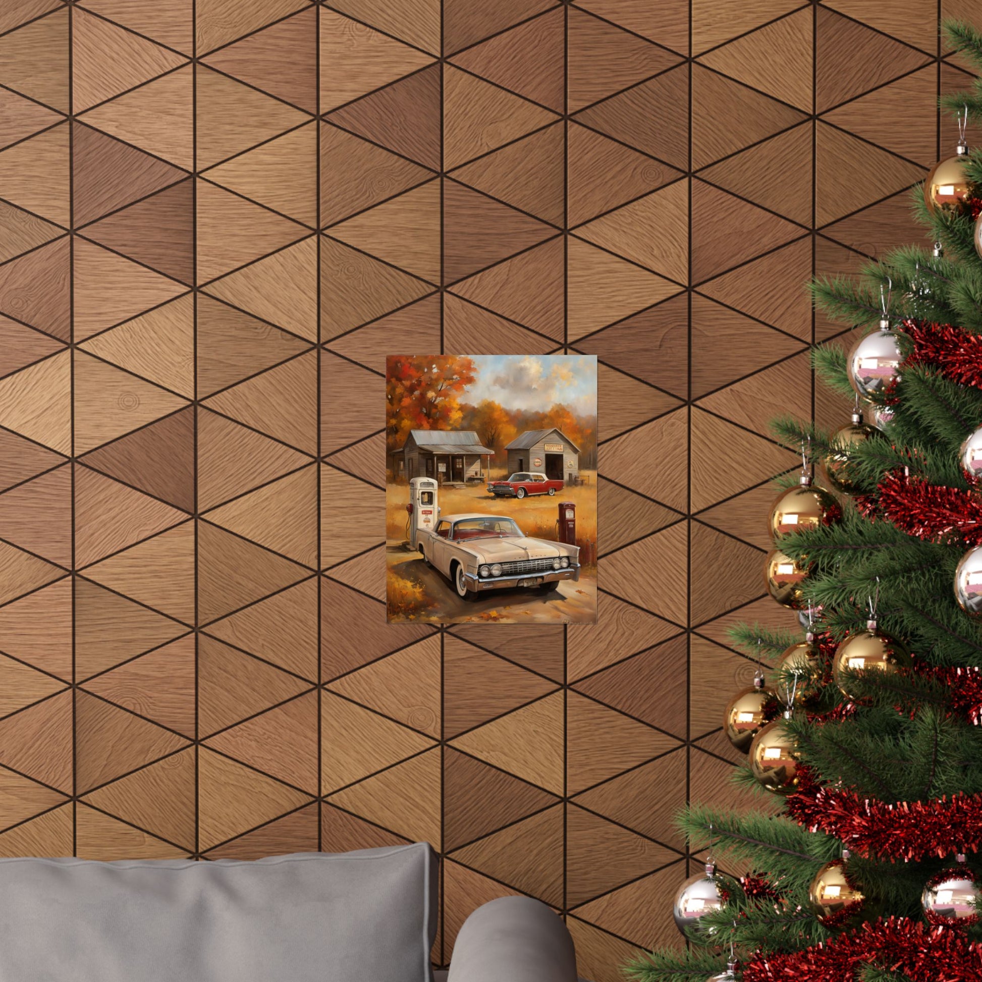 Vintage Car Adventure Matte Vertical Posters displayed on a wall with a cozy holiday setting