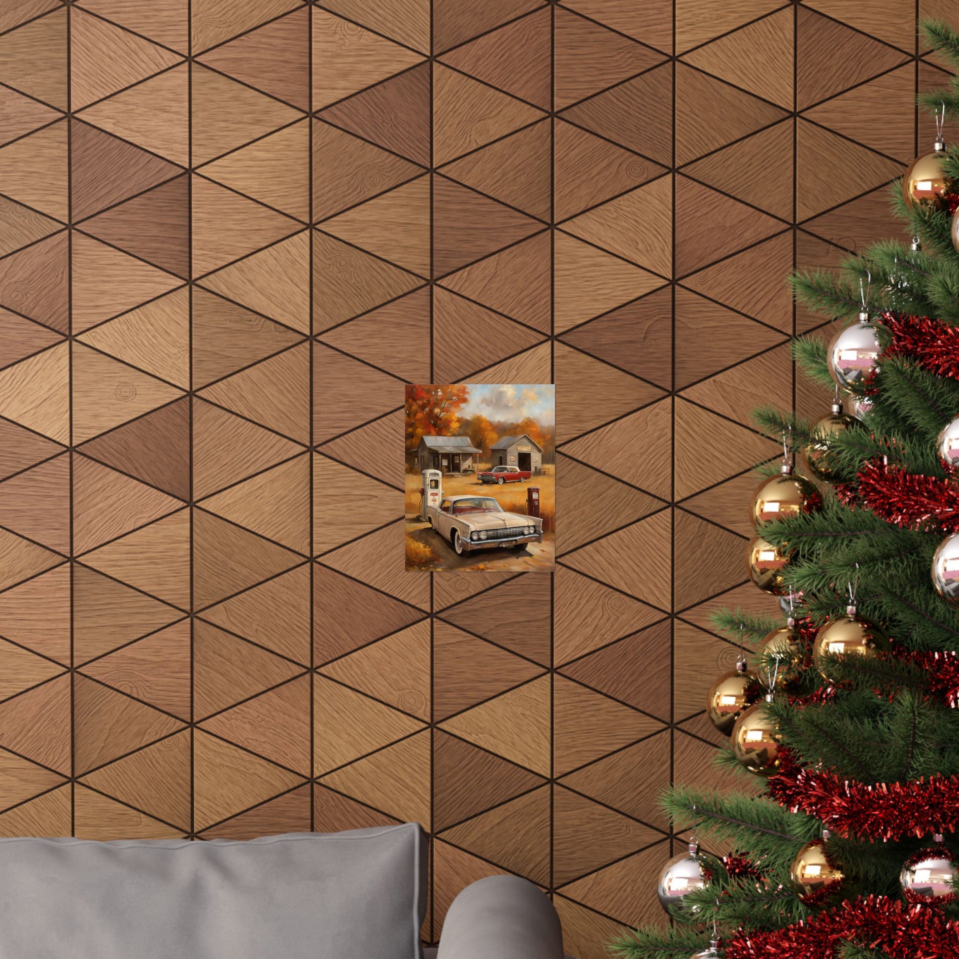 Vintage Car Adventure Matte Vertical Posters displayed on a geometric patterned wall with a festive holiday backdrop