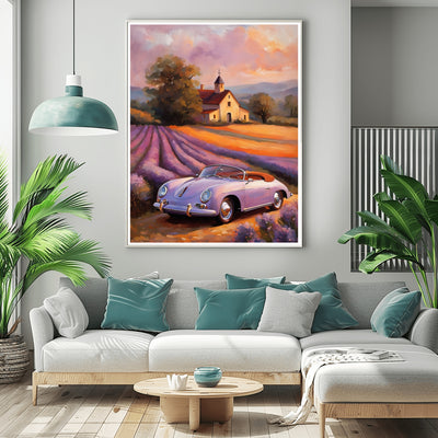 AquilVision digital vintage car and lavender field print hanging in modern living room with teal accents