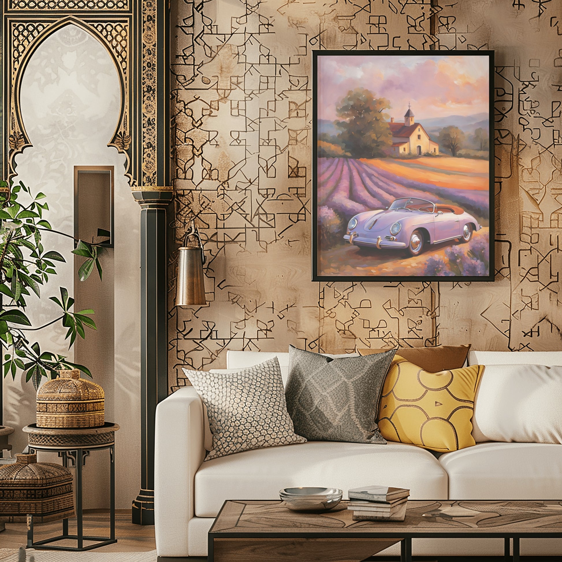 Vintage car and lavender field print by AquilVision hanging above white sofa in elegant living room