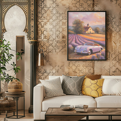 Vintage car and lavender field print by AquilVision hanging above white sofa in elegant living room