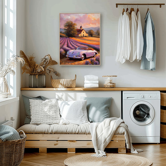 Vintage car and lavender field print digital artwork by AquilVision displayed in a cozy, modern laundry room