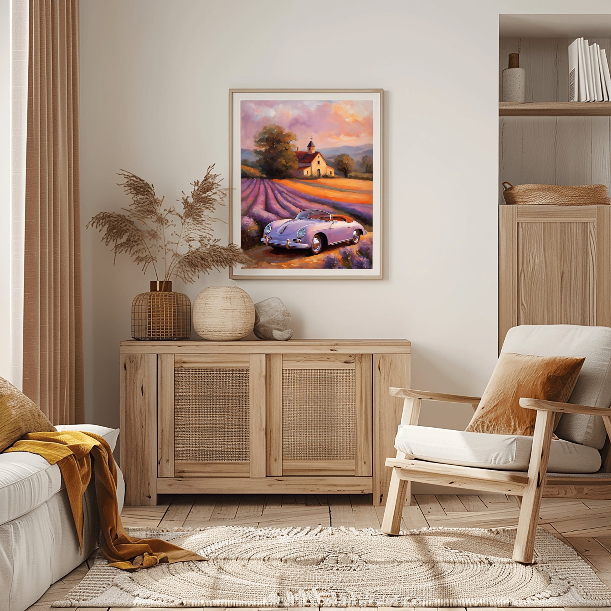 Vintage car and lavender field print framed on wall above wooden cabinet in cozy living room