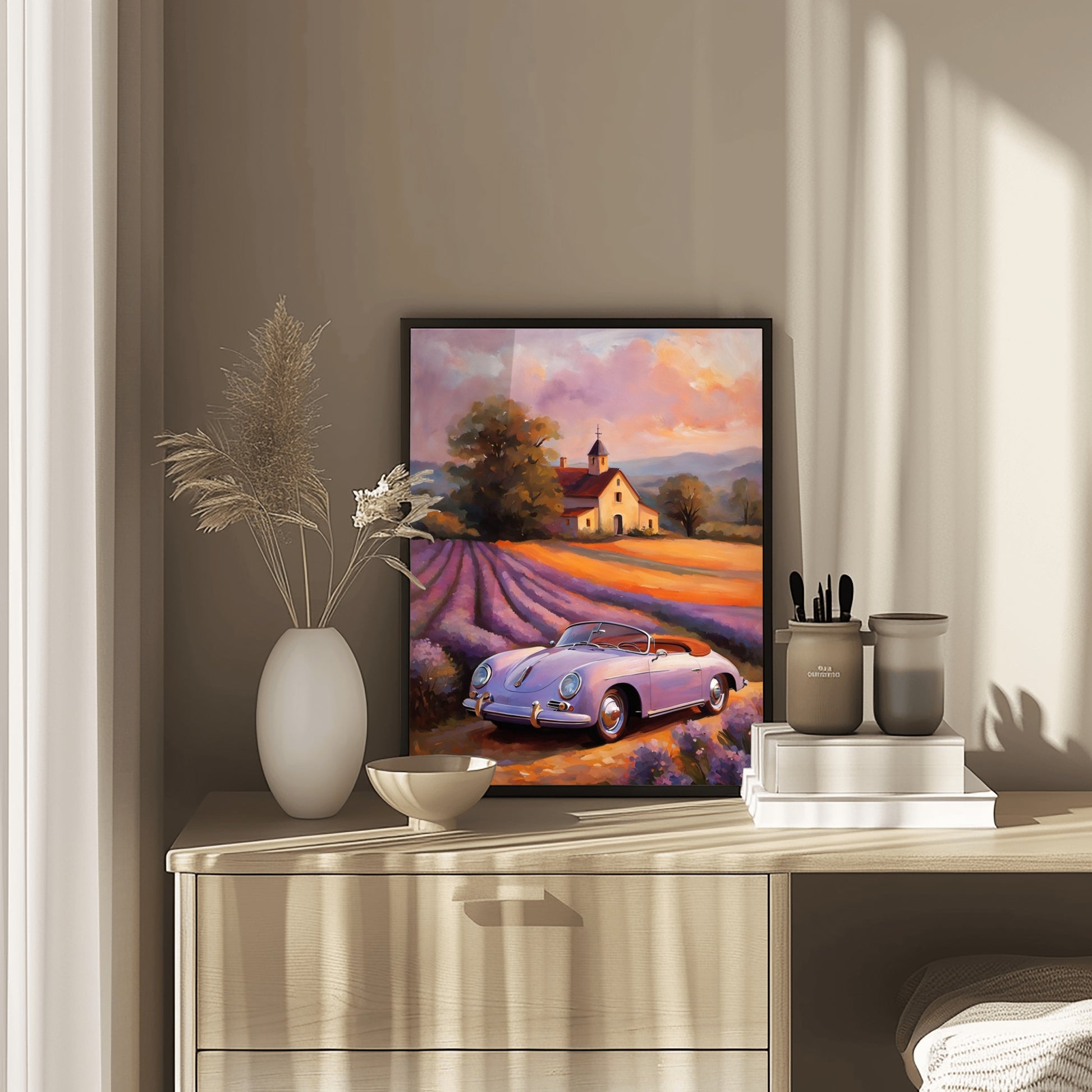 Vintage car and lavender field print digital artwork by AquilVision displayed on wooden dresser