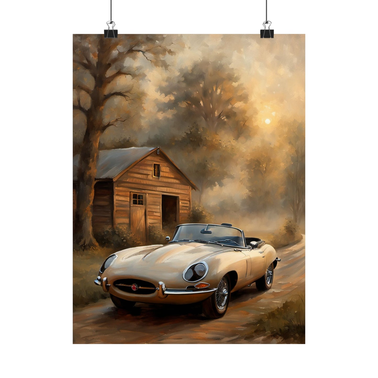 Vintage Car Art Poster featuring a nostalgic car near a rustic cabin in a serene landscape