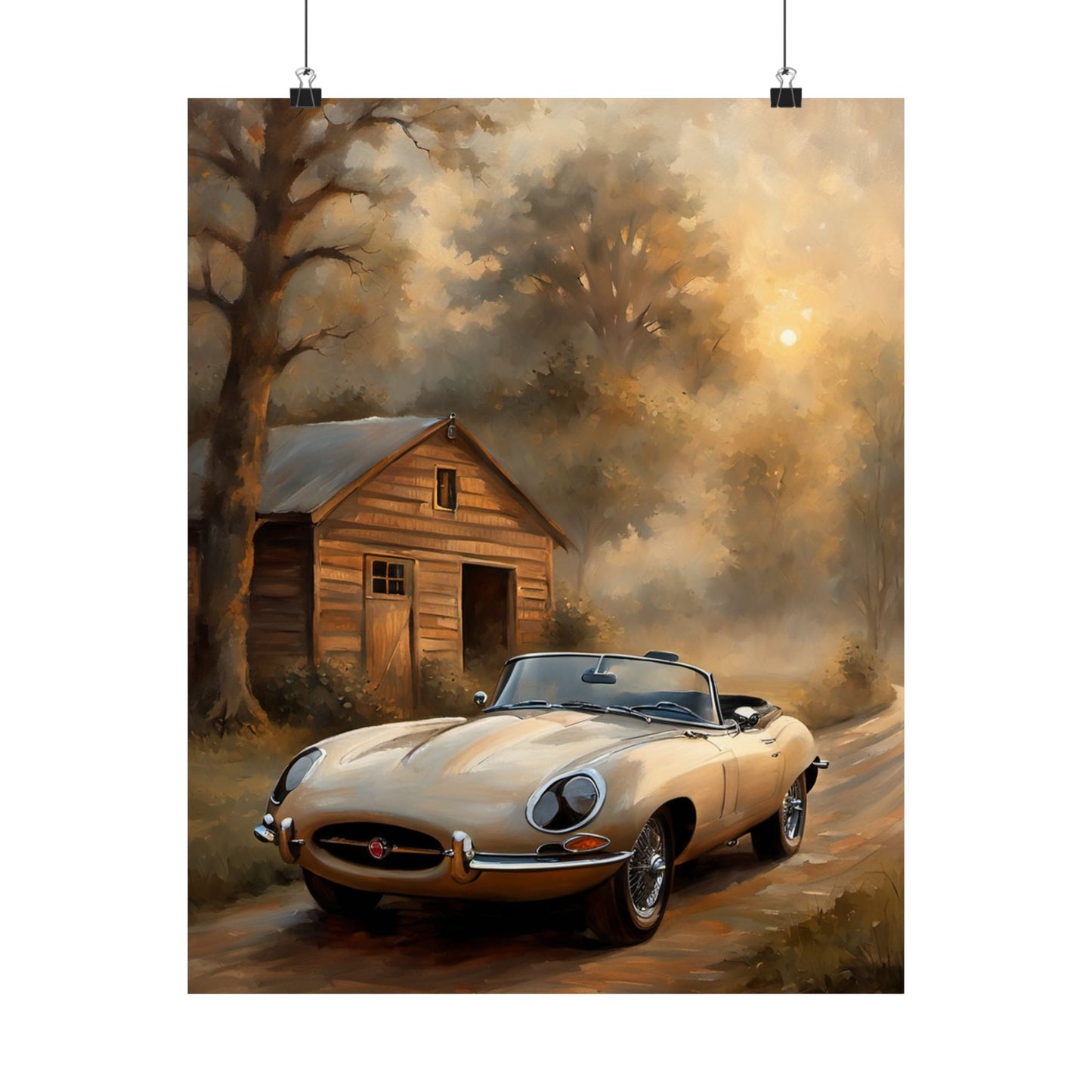 Vintage Car Art Poster featuring a classic convertible near a rustic cabin in a serene landscape