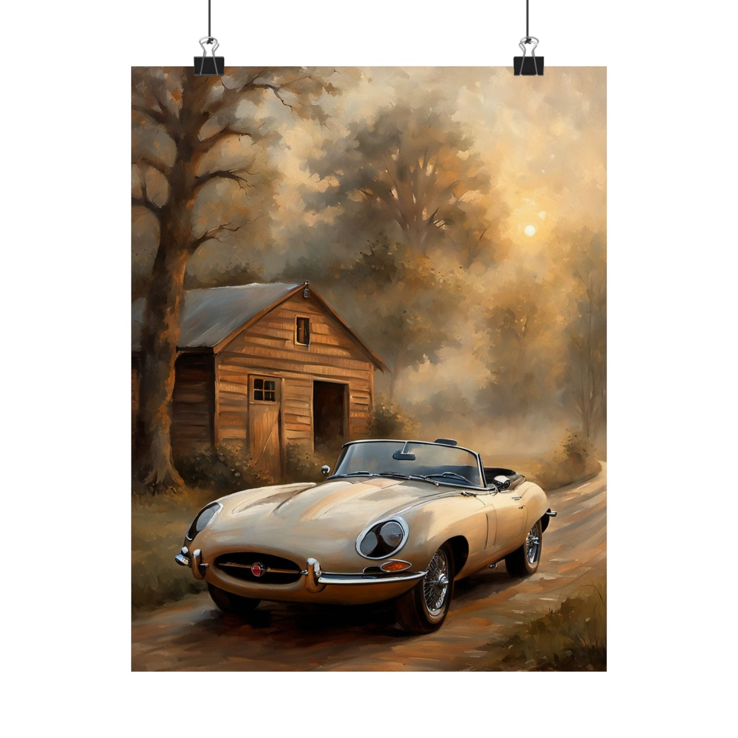 Vintage Car Art Poster featuring a classic convertible parked near a rustic cabin in a scenic setting