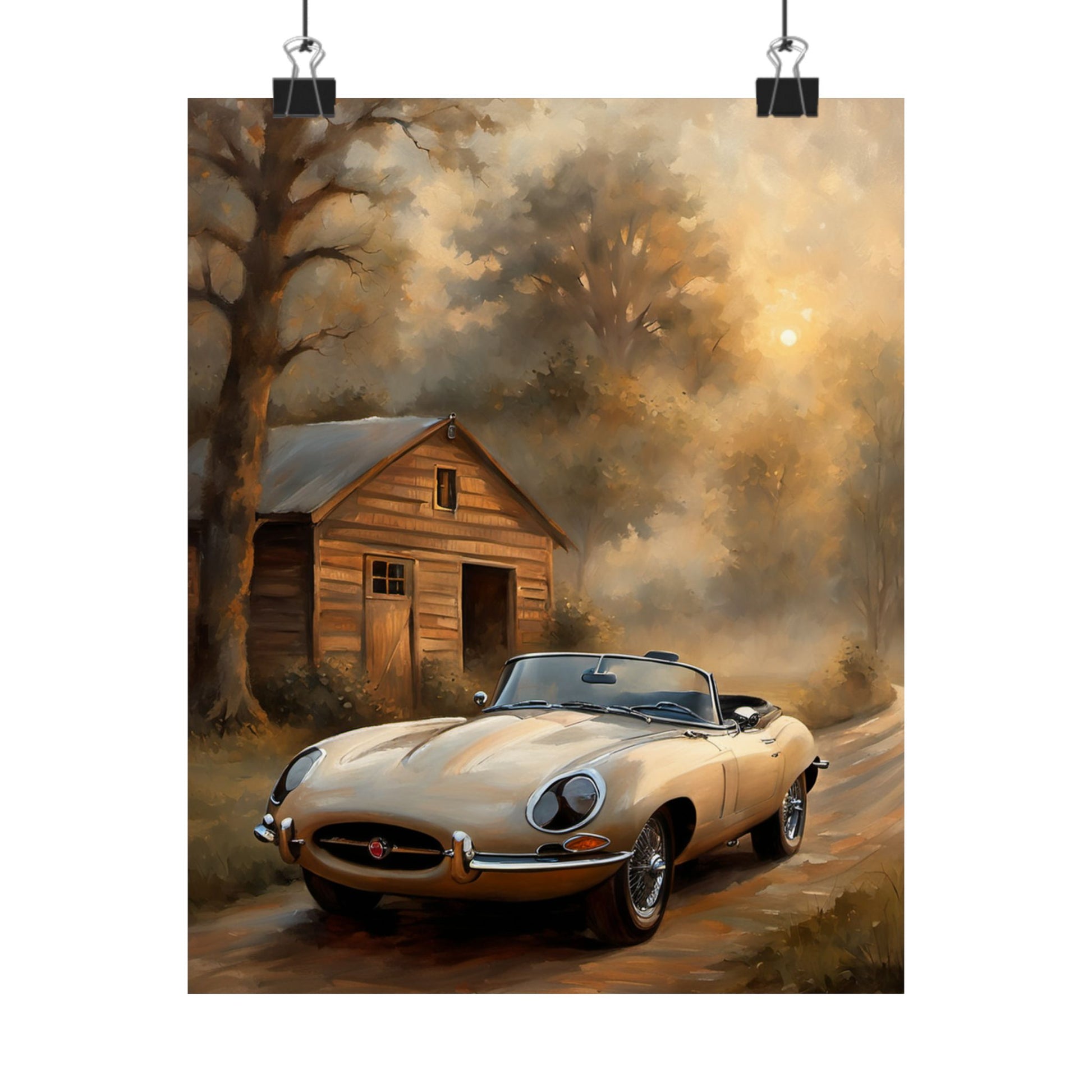 Vintage Car Art Poster featuring a classic convertible near a scenic cabin and soft morning light