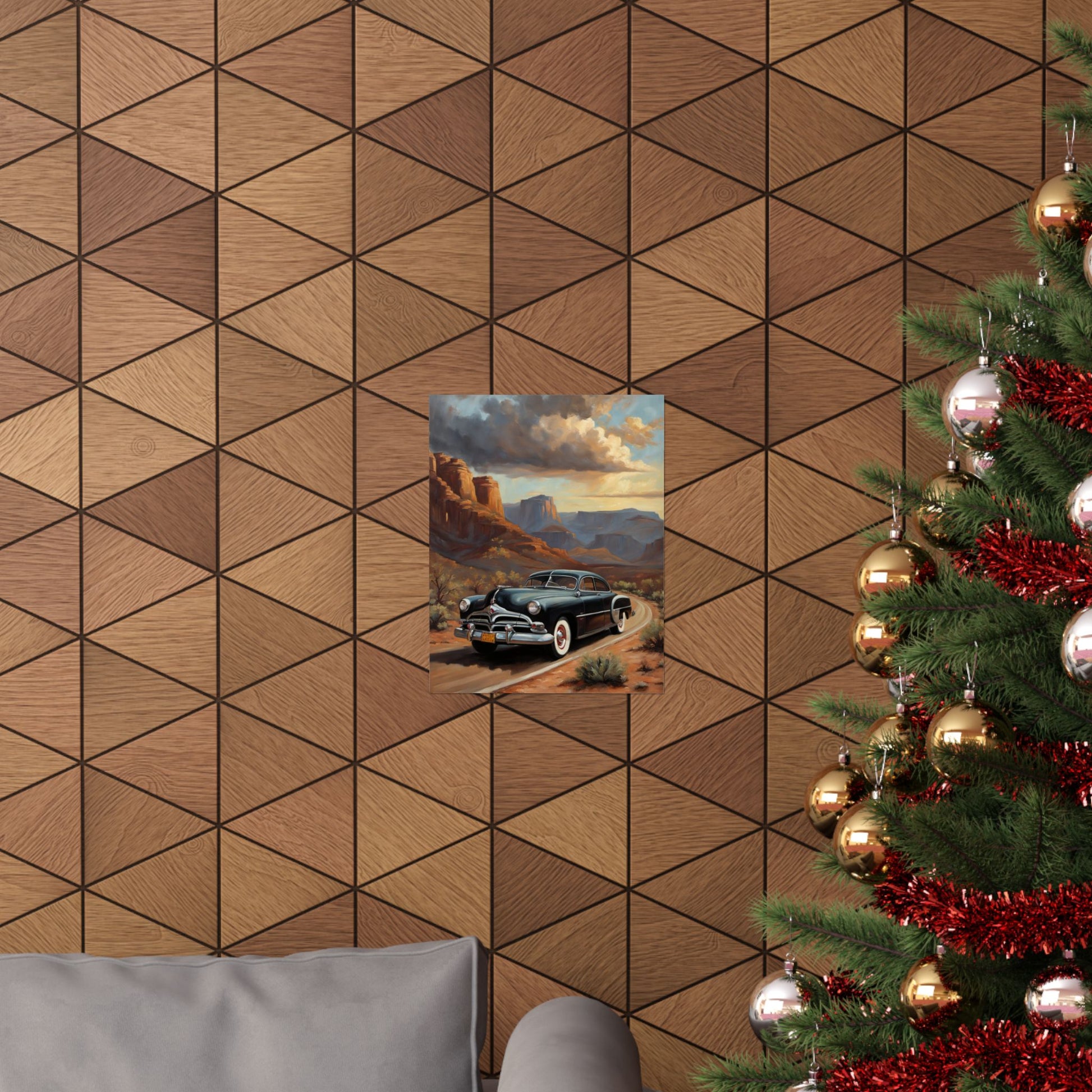 Vintage Car Art Poster featuring a classic car against a scenic desert backdrop