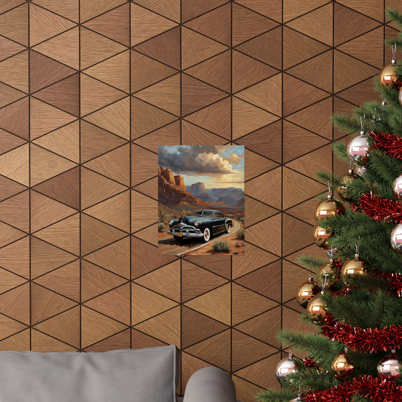 Vintage Car Art Poster featuring a classic car against a scenic desert backdrop
