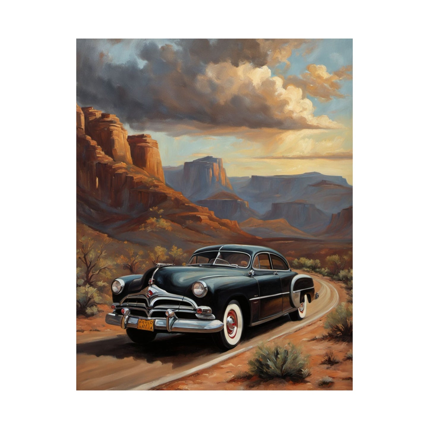 Vintage Car Art Poster featuring a retro car on a scenic desert road with mountains in the background