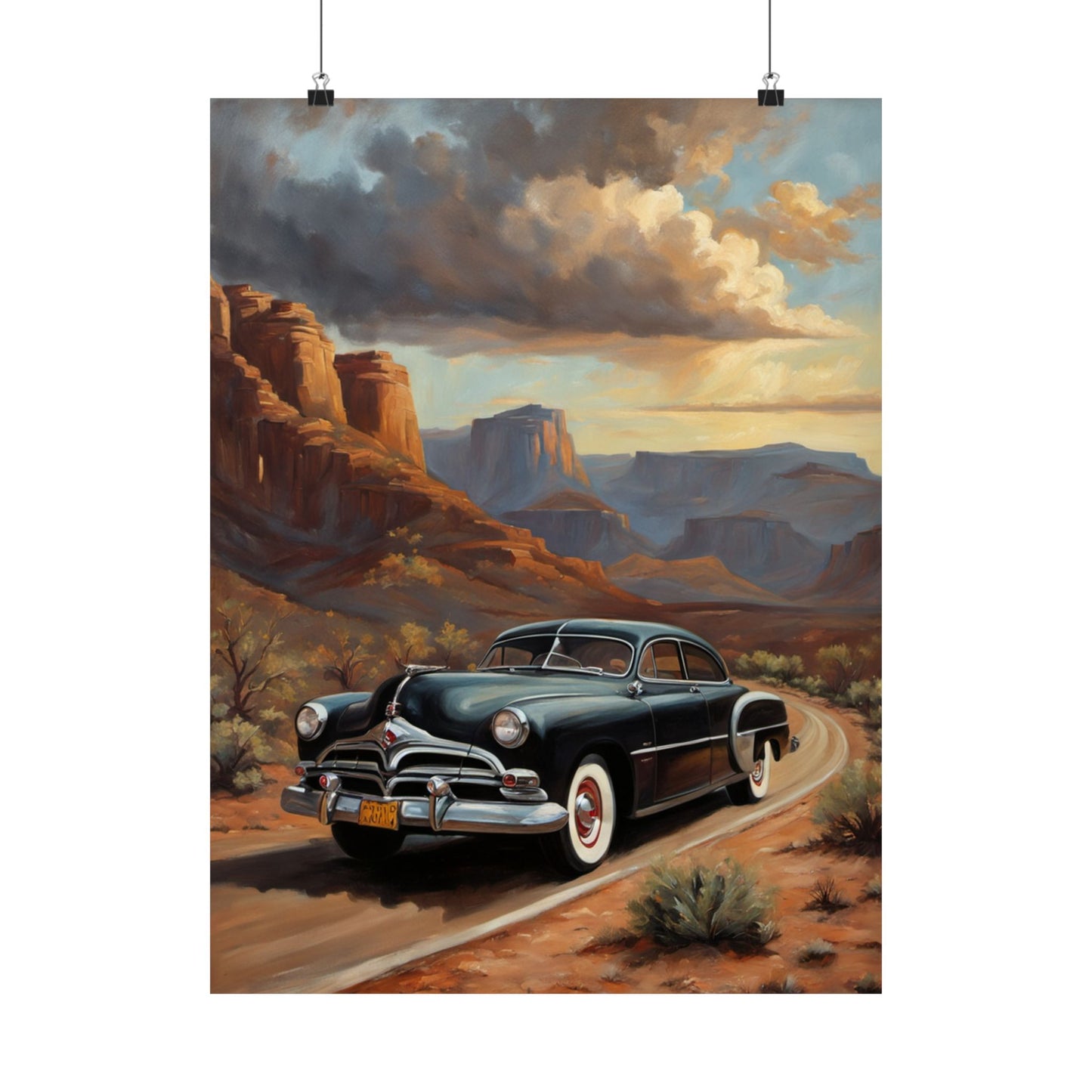 Vintage Car Art Poster featuring a classic car driving through a scenic desert landscape