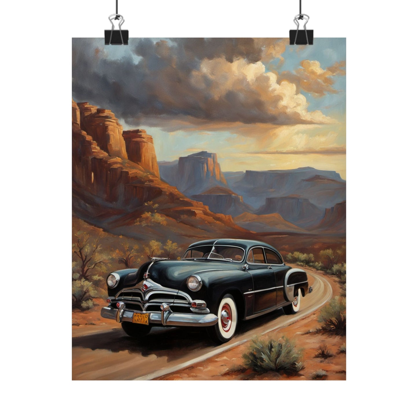 Vintage Car Art Poster featuring a classic car driving through a scenic desert landscape with mountains