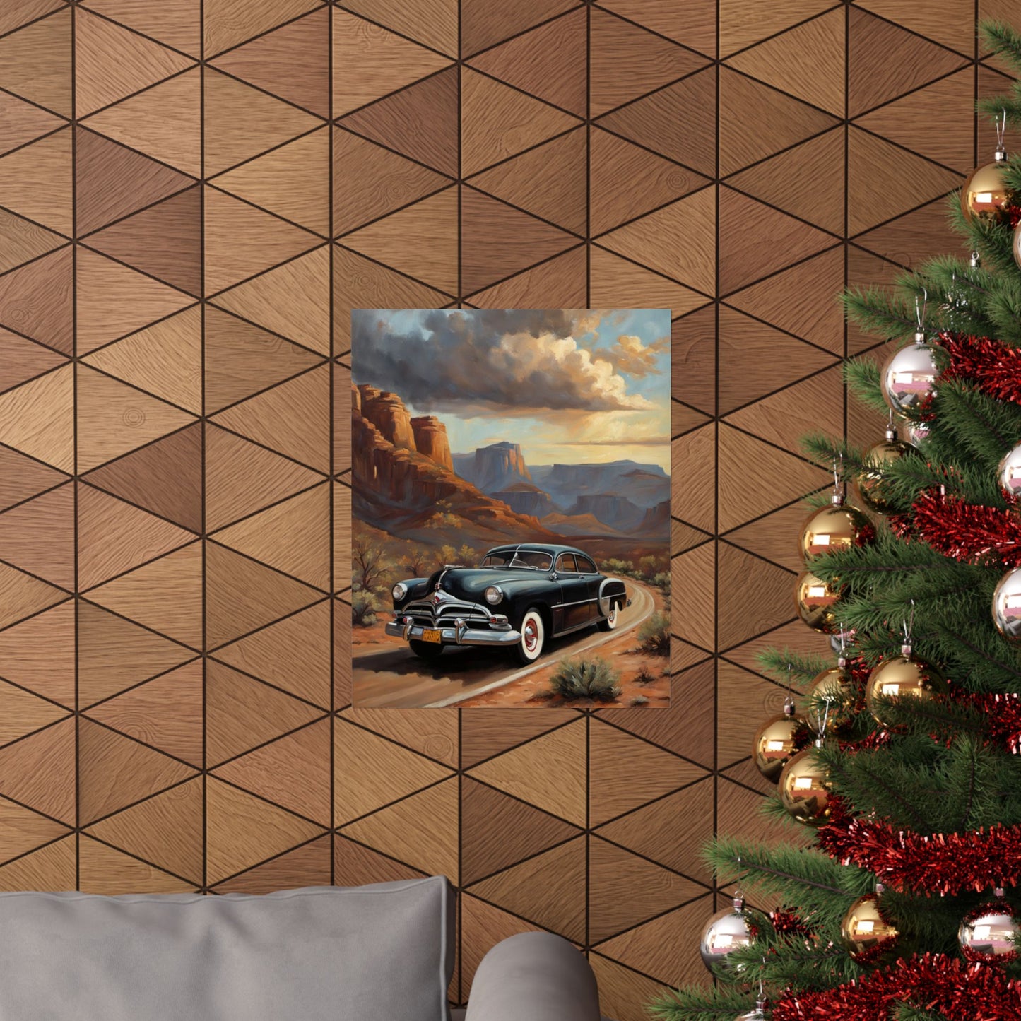 Vintage Car Art Poster featuring a classic car in a scenic desert landscape