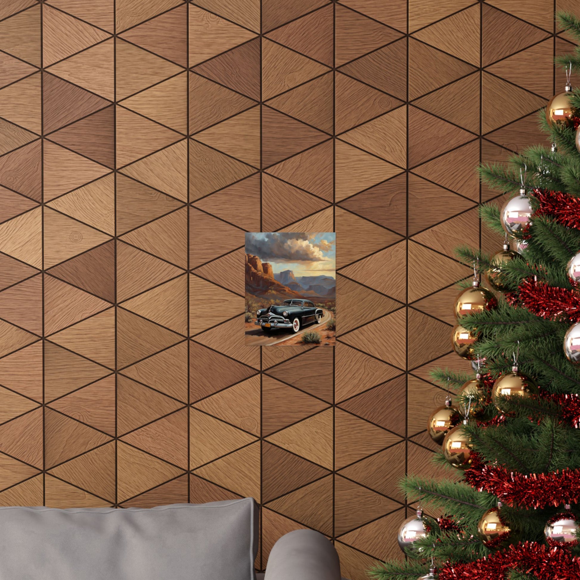 Vintage Car Art Poster featuring a classic car in a desert setting on a decorative wall
