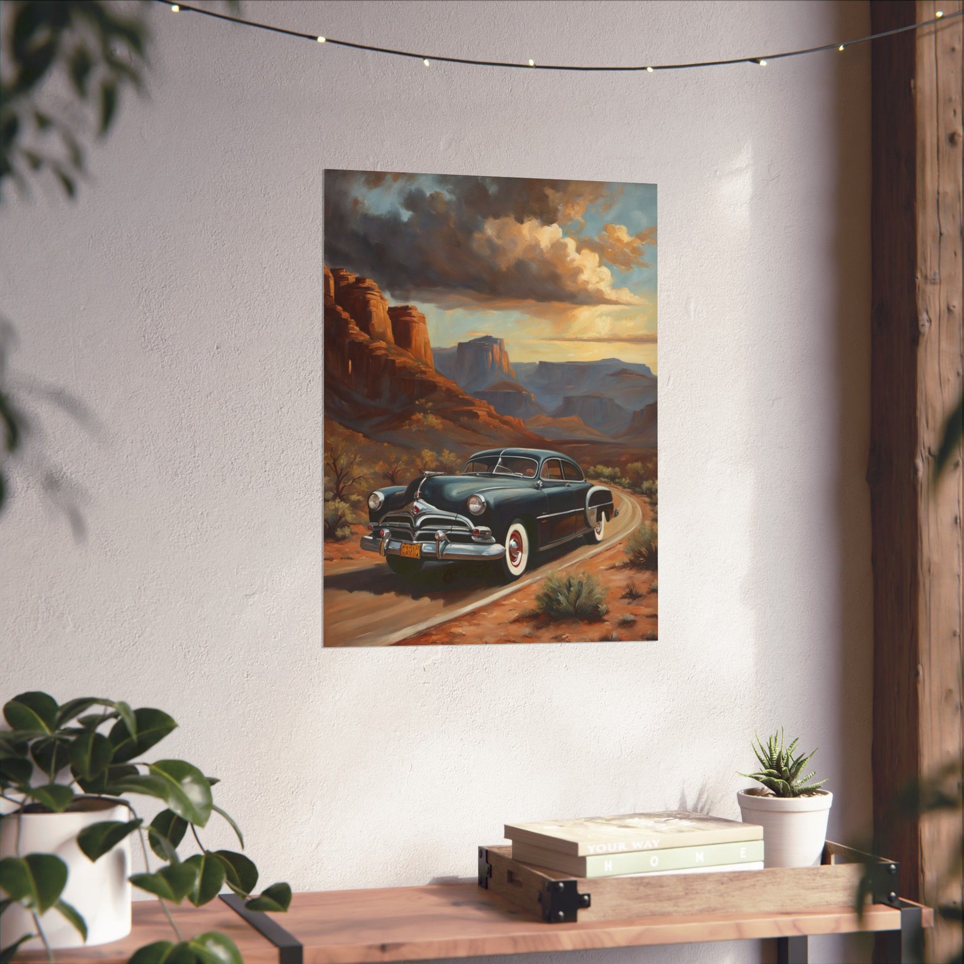 Vintage Car Art Poster featuring a nostalgic car driving through a scenic desert landscape