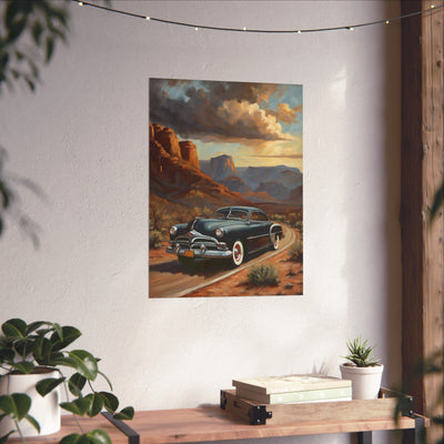 Vintage Car Art Poster featuring a nostalgic car driving through a scenic desert landscape