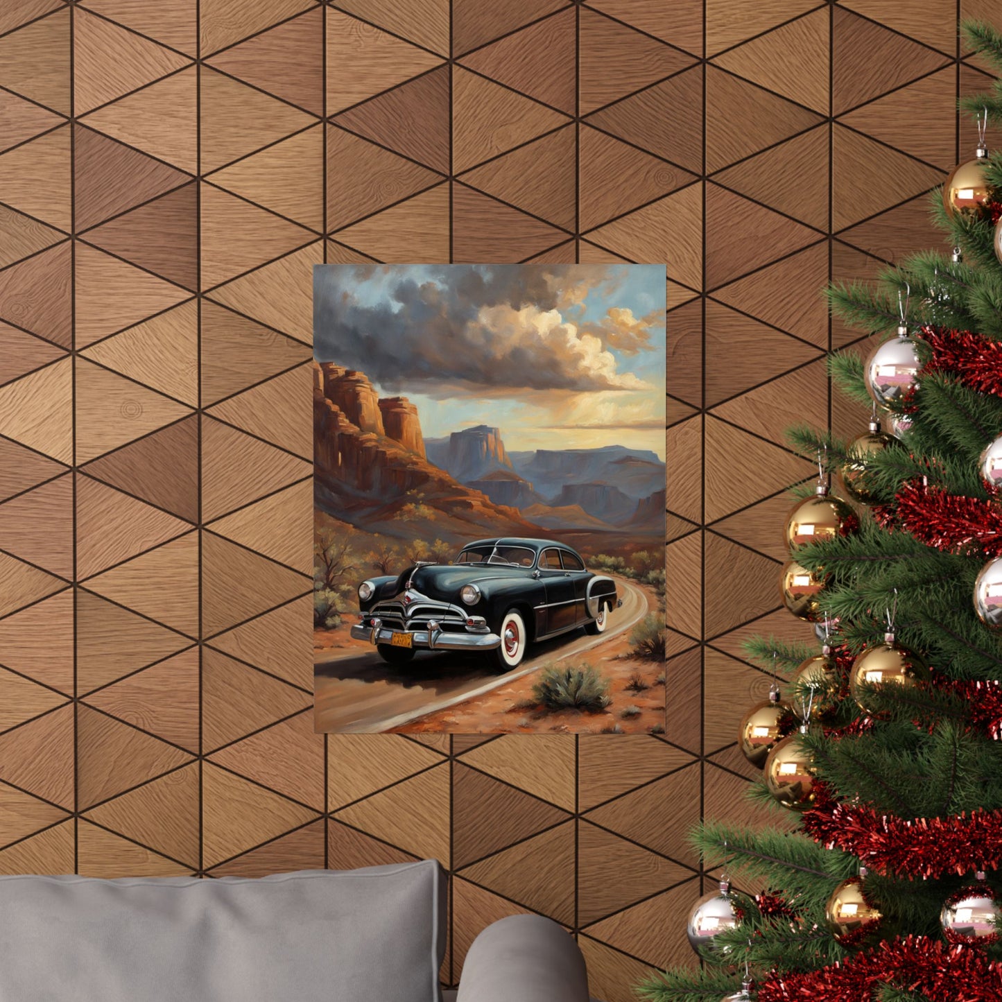 Vintage Car Art Poster featuring a classic car driving through a desert landscape with mountains