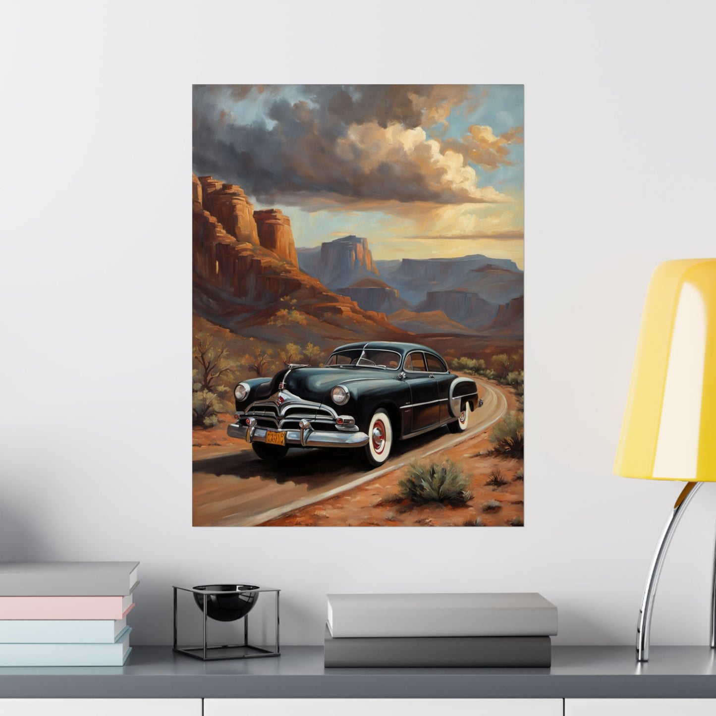 Vintage Car Art Poster featuring a old car driving through a scenic desert landscape